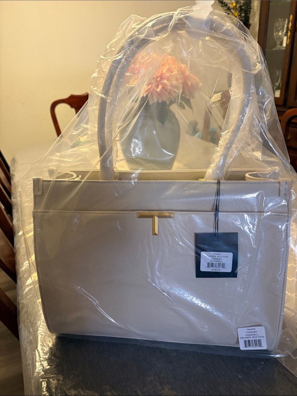 Structured Taupe Tote with Gold T Accent